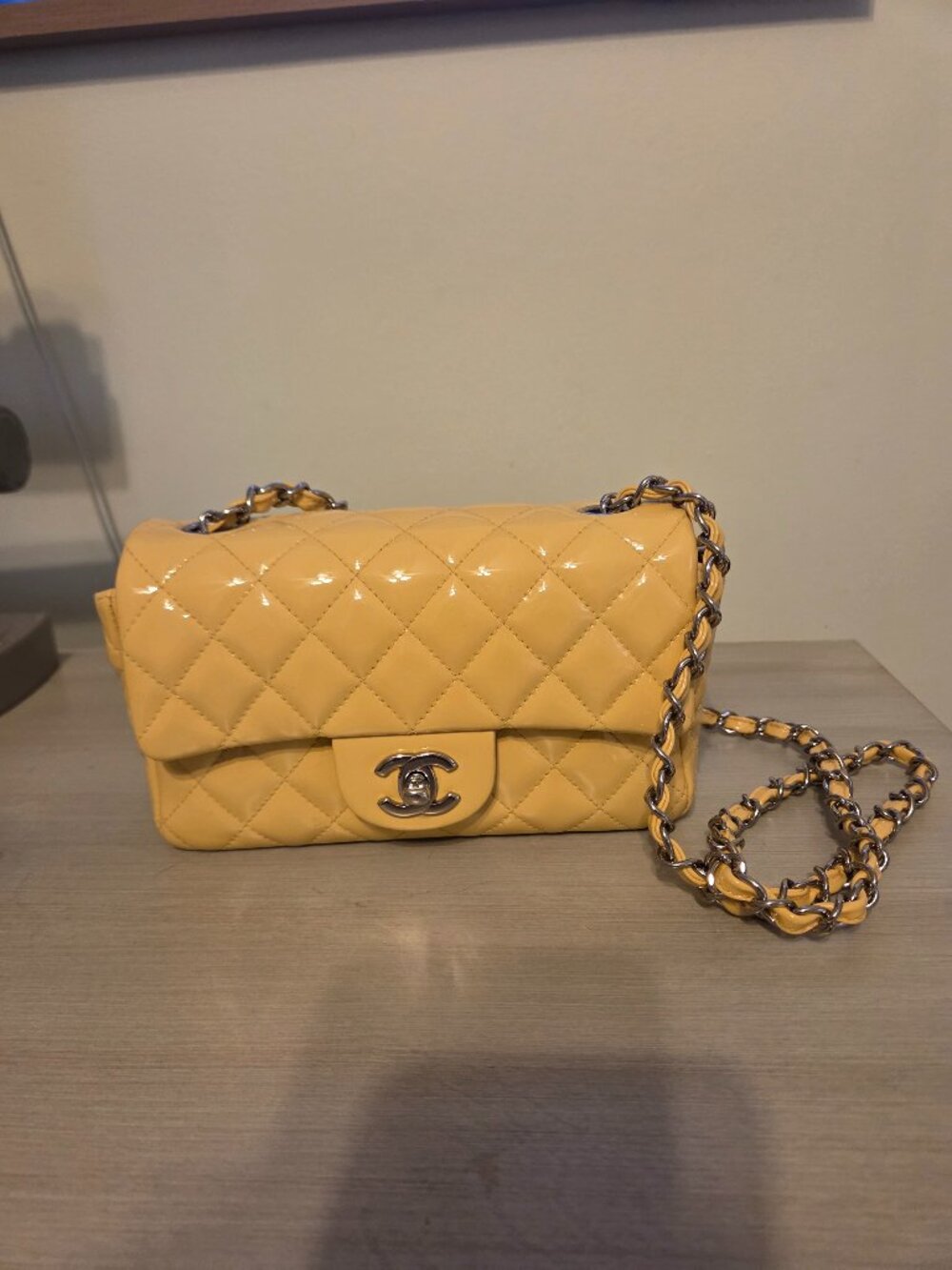 Chanel mini yellow patent leather flap